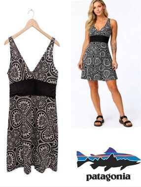 Patagonia Black and Cream Mini Dress with Printed Medallion Pattern-XL